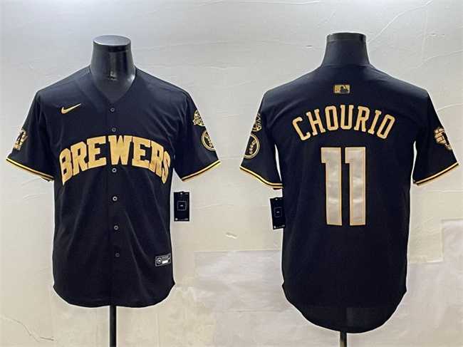 Mens Milwaukee Brewers #11 Jackson Chourio Black Gold With Home Patch Limited Stitched Jersey